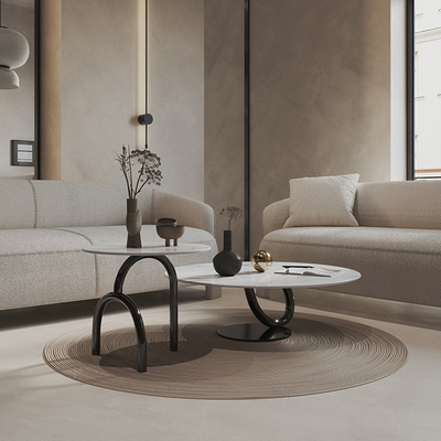 Circular Living Room Coffee Table Marble White Counter Top Black Base