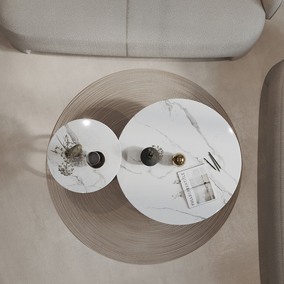 Circular Living Room Coffee Table Marble White Counter Top Black Base